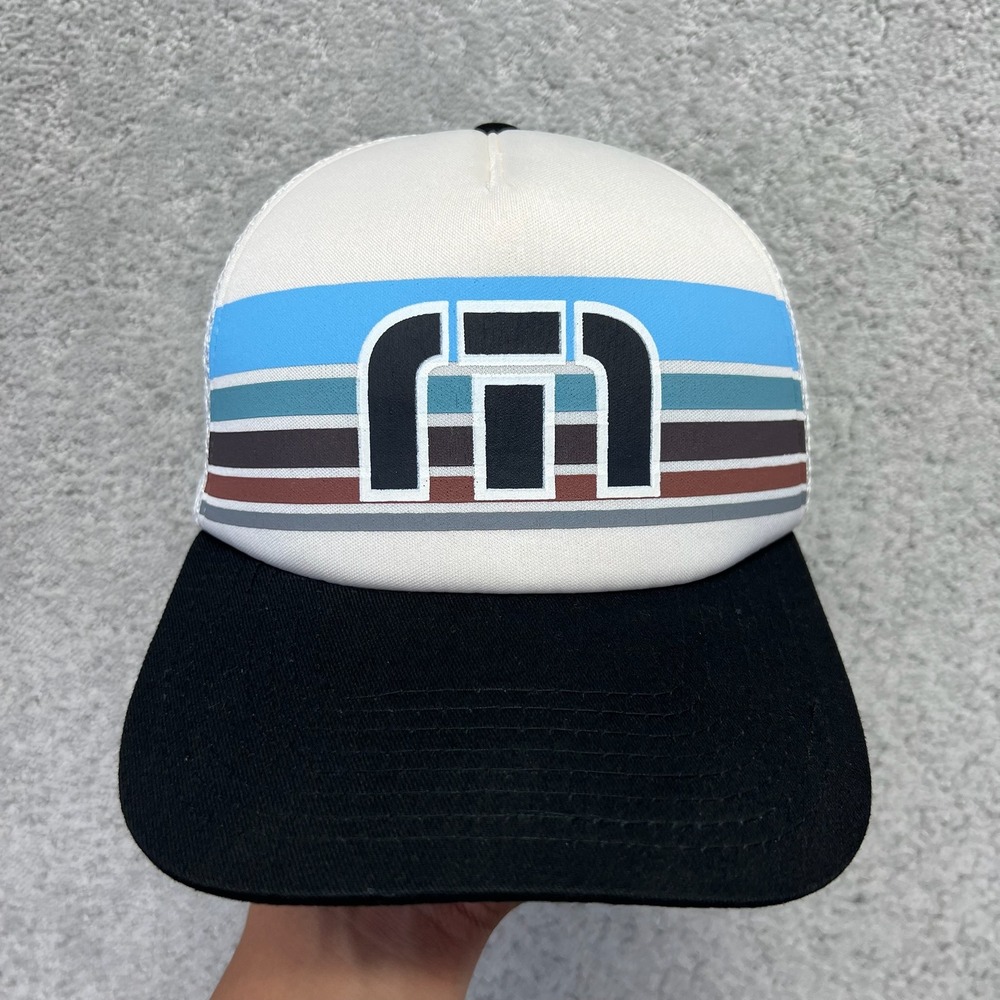 TravisMathew Trucker Hat Mens White Black Striped Mesh Back Snapback Golf